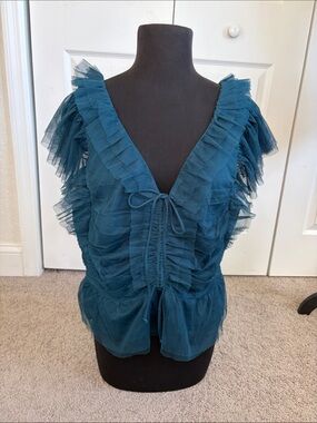 Anthropologie Maeve Teal Blue Mesh Tulle Cropped V Neck Fairy Top XL Whimsigoth